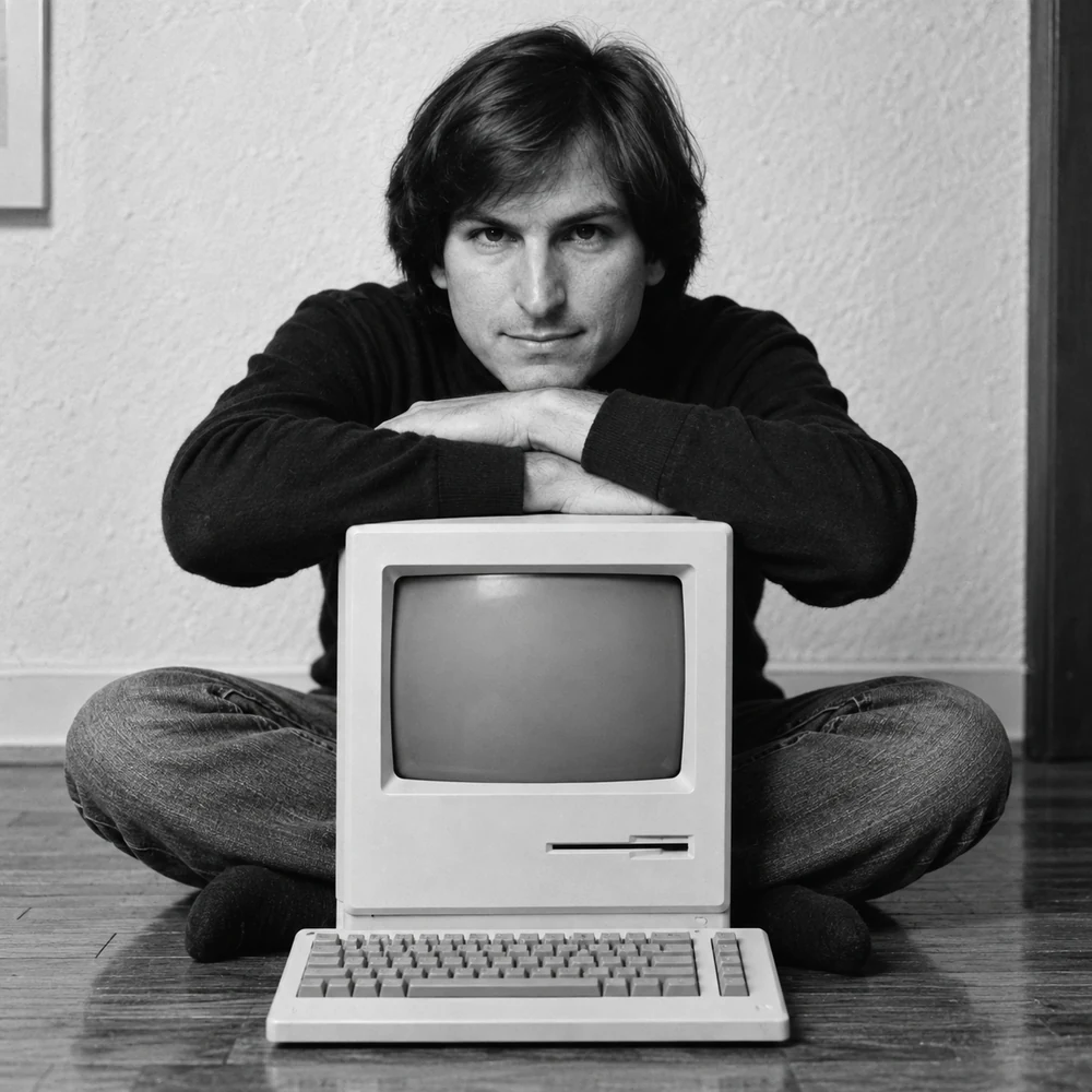 A young designer leaning on a vintage personal computer