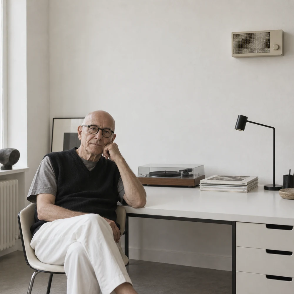 An industrial designer in a quiet white studio