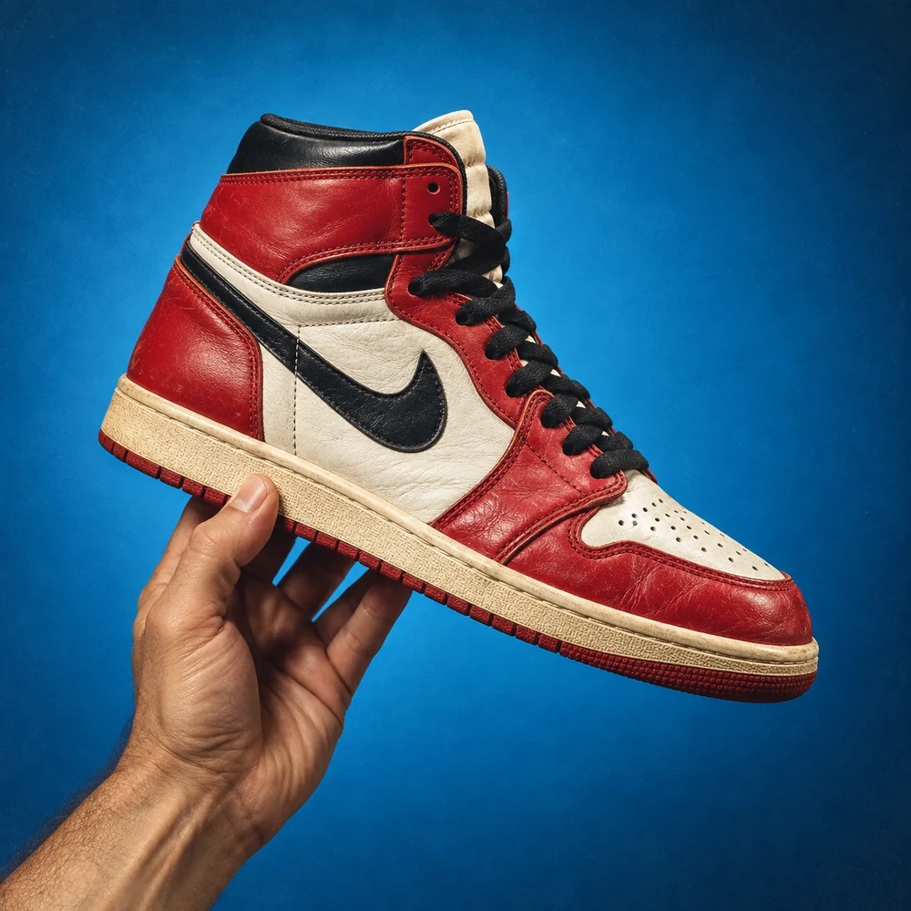 A red and white basketball shoe against a blue backdrop