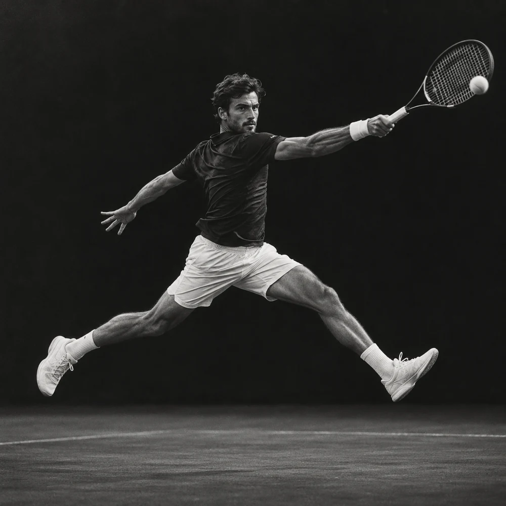 A tennis player leaping for a shot in black and white